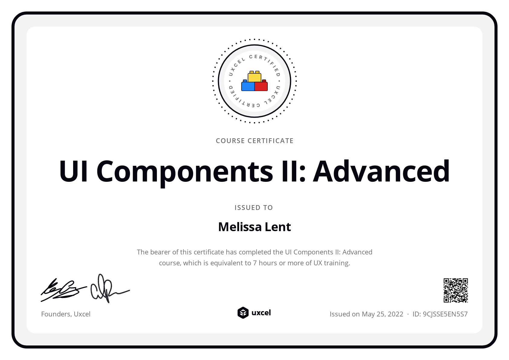 Melissa Lent's certificate